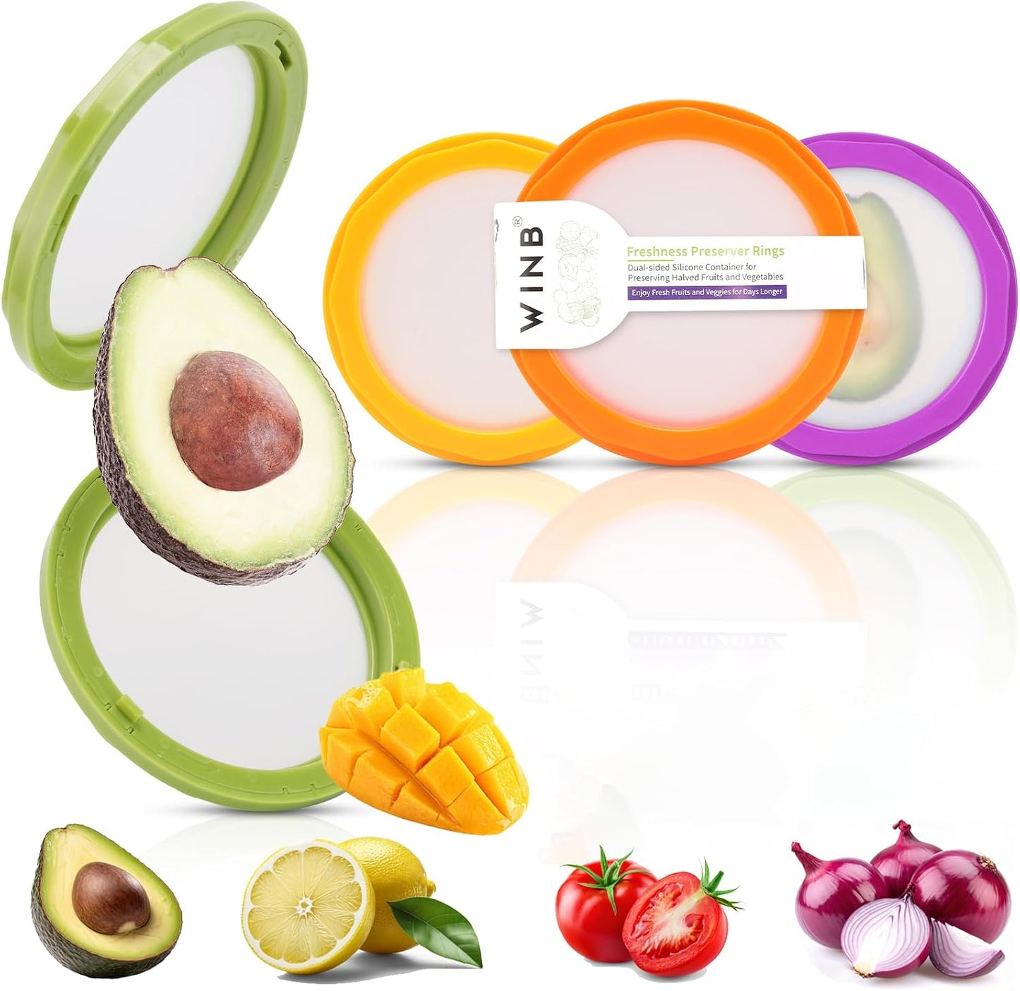 Winb Set of 4 Reusable Fruit and Veggie Savers - Ideal for Avocados, Tomatoes, Apples, Garlic, Onions, and More