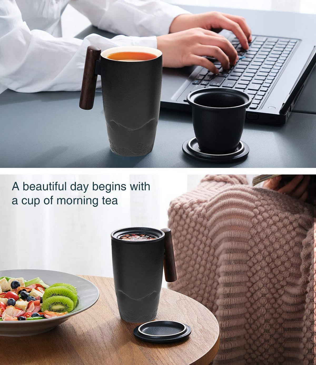 suyika Ceramic Tea Cup with Infuser and Lid Tea Mugs Wooden Handle 400ml/13.5oz Dark Green
