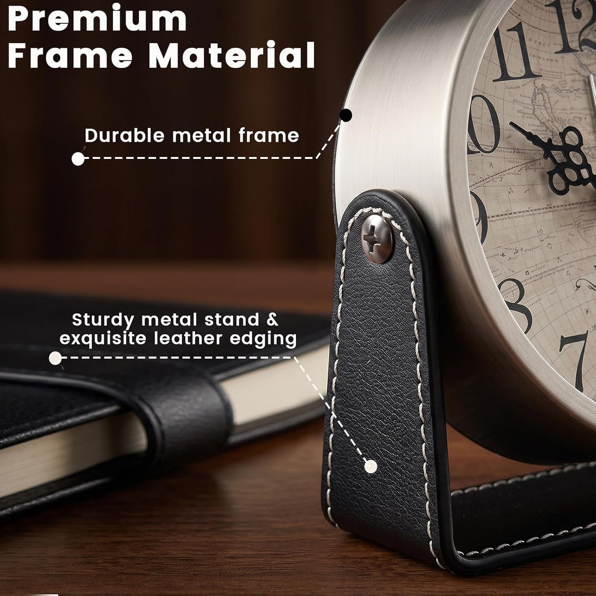 Analog Alarm Clock - 4.5" Silent Non Ticking Small Clock with Light, Rotatable Stand Metal Desk Clock Battery Operated, Simple Design for Living Room Decor/ Bedroom/Bedside/Shelf (Black & White)