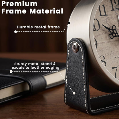 Analog Alarm Clock - 4.5" Silent Non Ticking Small Clock with Light, Rotatable Stand Metal Desk Clock Battery Operated, Simple Design for Living Room Decor/ Bedroom/Bedside/Shelf (Black & White)