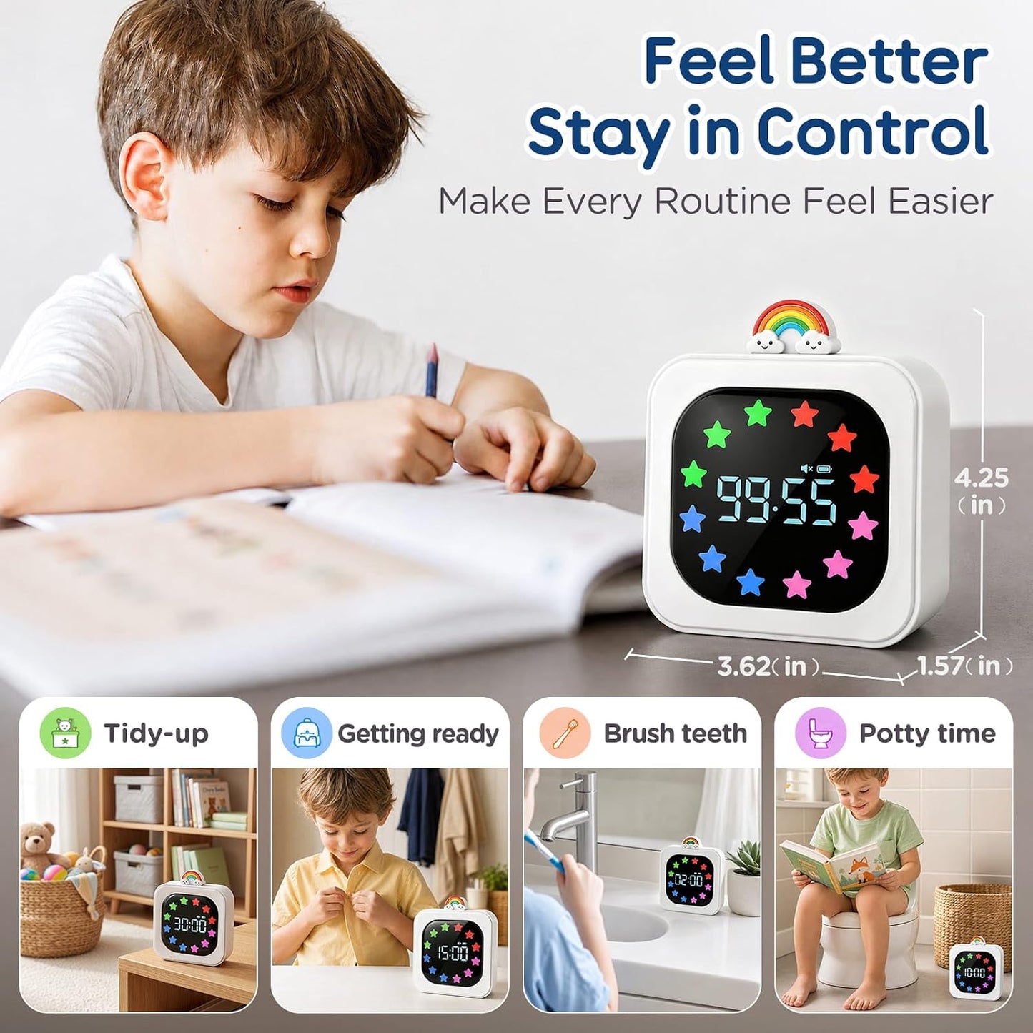 Digital Visual Timer for Kids with 12-Star Rainbow Display & 9 Color Modes | 99-Minute Count-Up & Countdown Timer with Silent Mode & Pause for Classroom, Home, Kitchen, Rechargeable, White