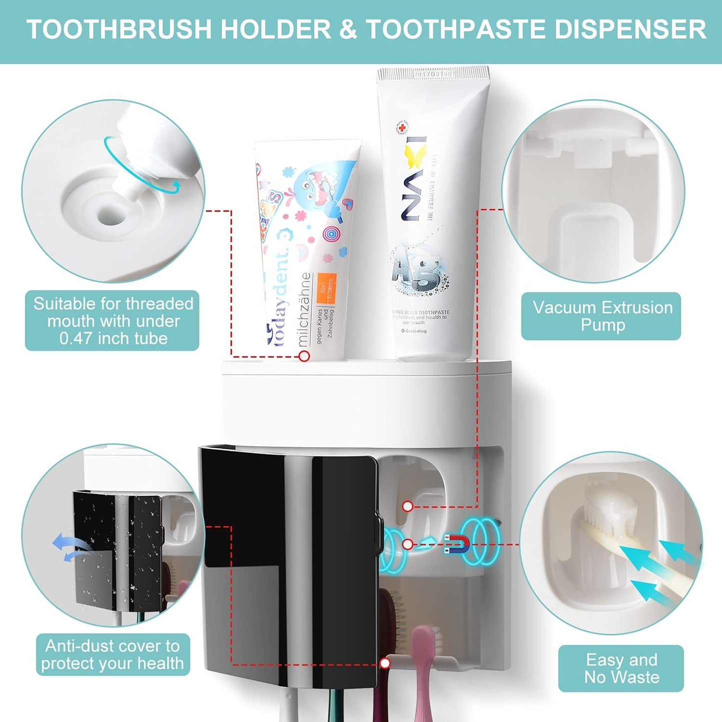 GFWARE Toothbrush Holder Toothpaste Dispenser Wall Mounted with Cover, 4 Slots Tooth Brush Storage Organizer with Automatic Kids Toothpaste Squeezers for Shower Bathroom Black | Automatic Toothpaste dispenser for Kids, Bathroom Storage Organizer with