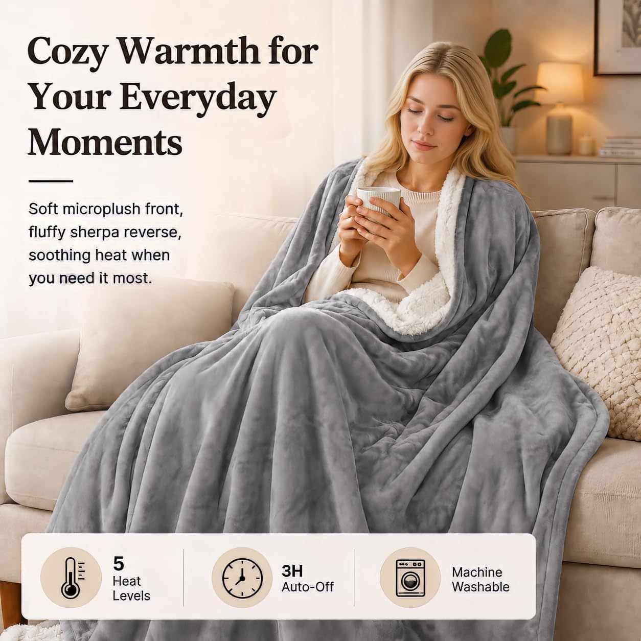 Electric Heated Blanket Full Size 72"x84" – Light Gray | ETL for Safe Overnight, 4 Heat Settings & 10H Auto Off, Dual-Sided Microplush Sherpa for Home Night, Machine washable