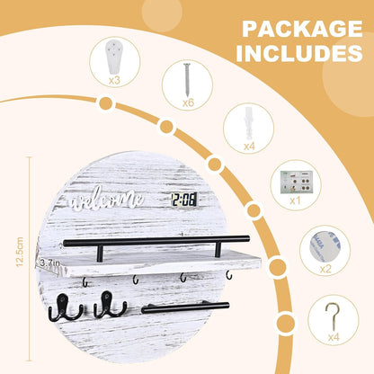 Key Holder for Wall, Key and Mail Holder Organizer with - Key Holder Wall Mount - Round Wooden Rustic Home Decor for Entryway, Mudroom, Hallway, Kitchen Office (Black)