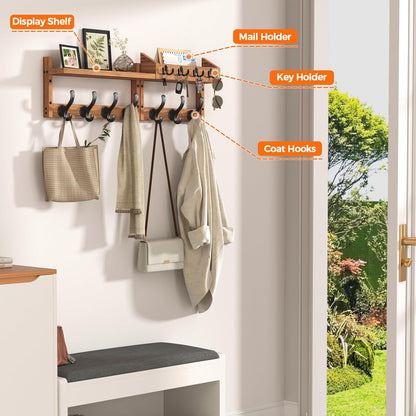 Evermagin 29" Coat Rack Wall Mount with Shelf & 11 Hooks, Entryway, Black | Wooden Wall Mounted Coat and Key Rack with Hooks, Key Hanger with Mail Holder for Living Room, Mudroom, Bedroom