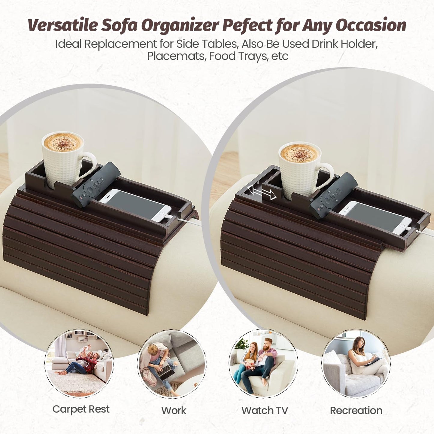 GEHE Couch Cup Holder, Anti Falling Sofa Arm Tray, Natural Bamboo Sofa Cup Holder More Safe for Your Family, Portable Couch Arm Tray Armrest Table for Remote, Snacks, Drinks