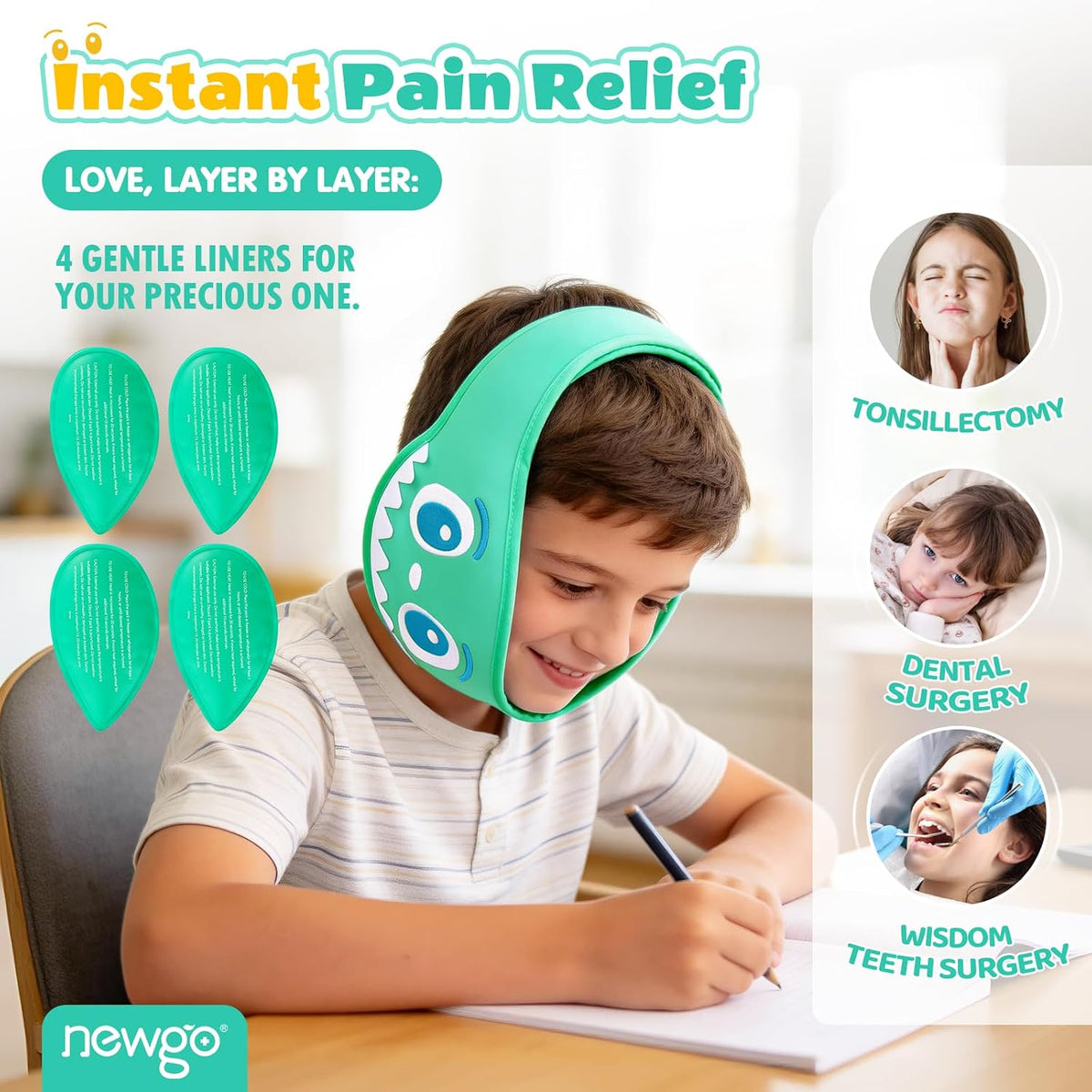 NEWGO Kids Tonsil Recovery Ice Pack, 4 Reusable Gel Packs, Green