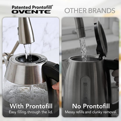 OVENTE 1.8L Glass Electric Kettle with Tea Infuser, Silver KGD752S | 1500W Fast Boiling, Easy Fill Lid, 7 Temperature Control, Keep Warm, Digital Display, Auto Shut-Off, Boil-Dry Protection