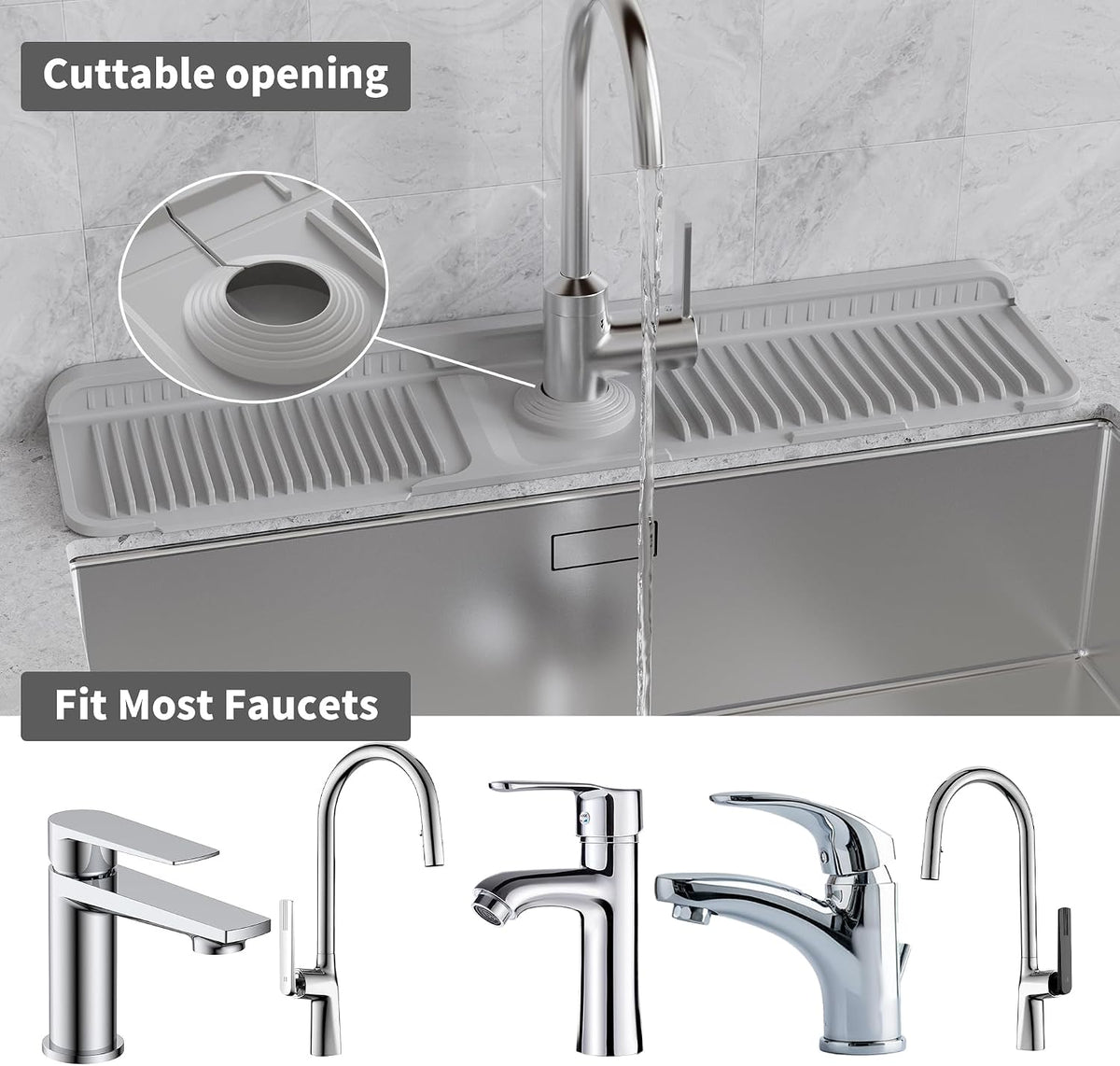 WAFT YEARN 24X5 Inch Silicone Durable Faucet Mat Kitchen Sink Splash Guard Draining Protector Tray Liner Absorbent Protective Counter Accessories For Sink Kitchen Bathroom Laundry Room Bar & RV Grey
