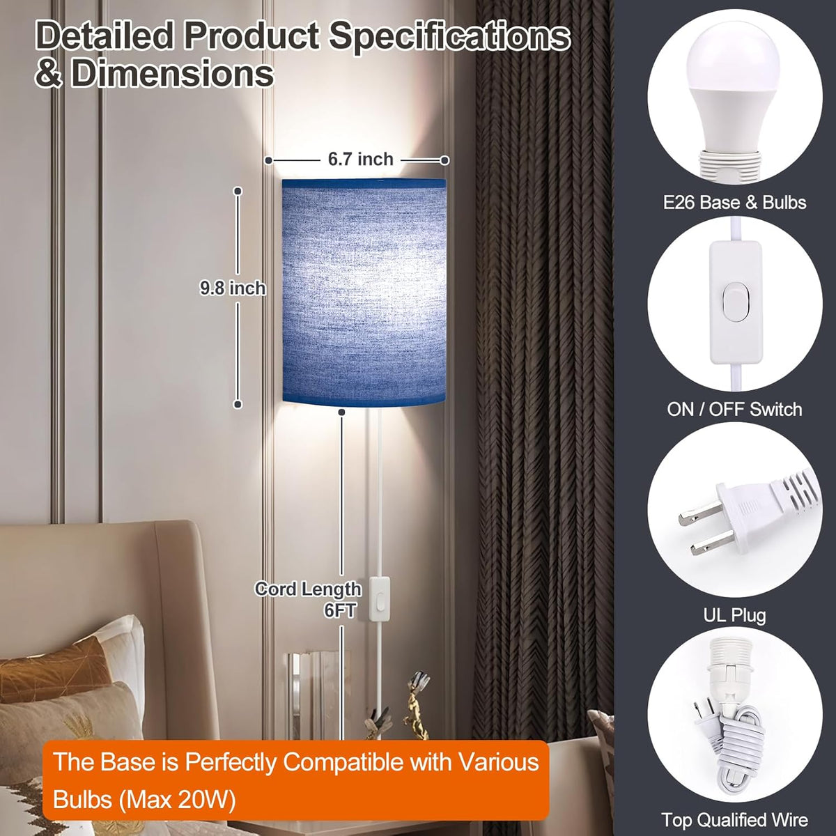 Battery Operated Rechargeable Wall Sconce Set of Two with 10000mAh Battery