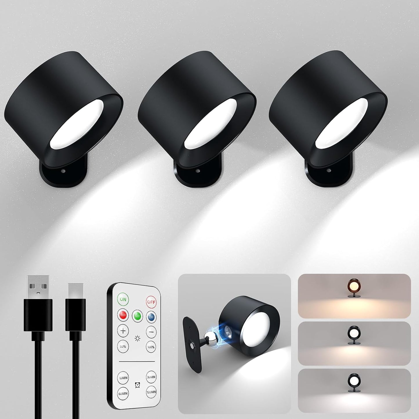 LED Wall Mounted Lights, Rechargeable Battery Operated Wall Sconces Lamp 3 Colors Temps & Remote and Touch, 360°Rotation Dimmable Wall Lights for Study Bedroom Reading Bedside (4-Pack)