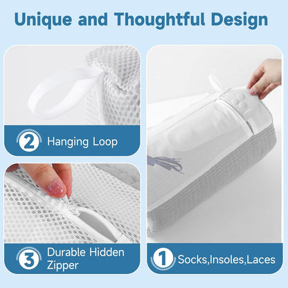 2PCS XXL Shoe Washing Machine Bag with Adjustable Shoes Trees - Heavy Duty Reusable Shoe Laundry Bag for Washer and Dryer - 360° Deep Clean & Protect Chenille Microfiber Sneakers Wash Bags - White