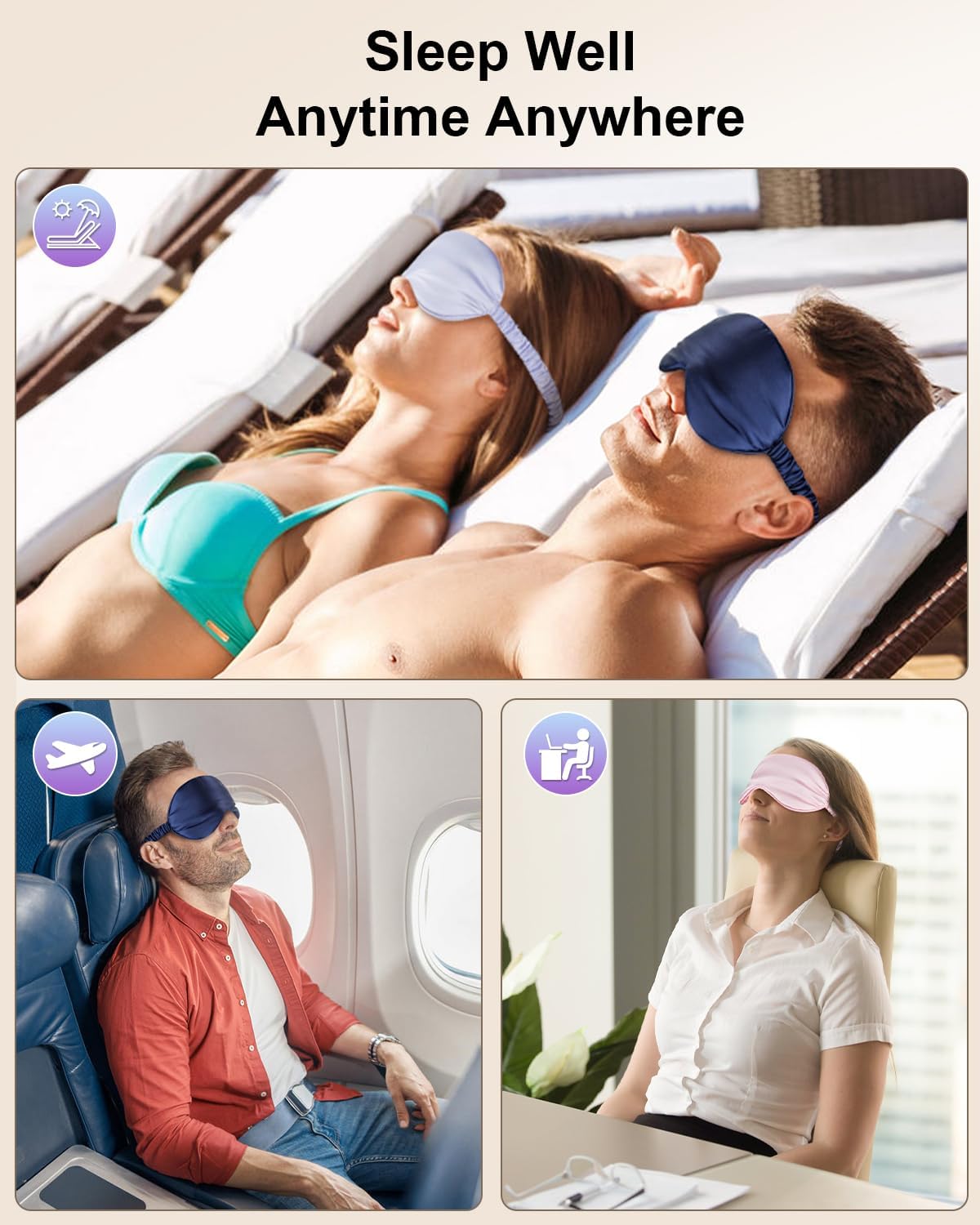 IEKEODI 2 Pack Silk Sleep Masks, Light Blocking Eye Masks, Black & Purple