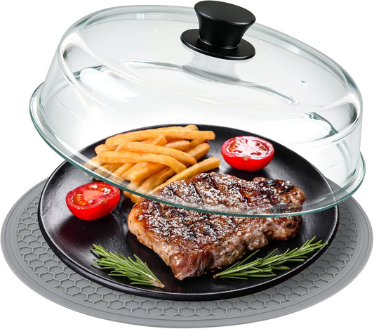 Microwave Splatter Cover & Silicone Place Mat, 10" Glass Splatter Guard Lid | Microwave Plate Cover for Food with Easy Grip Silicone Handle, Food Grade Borosilicate Glass, BPA Free, No Plastic