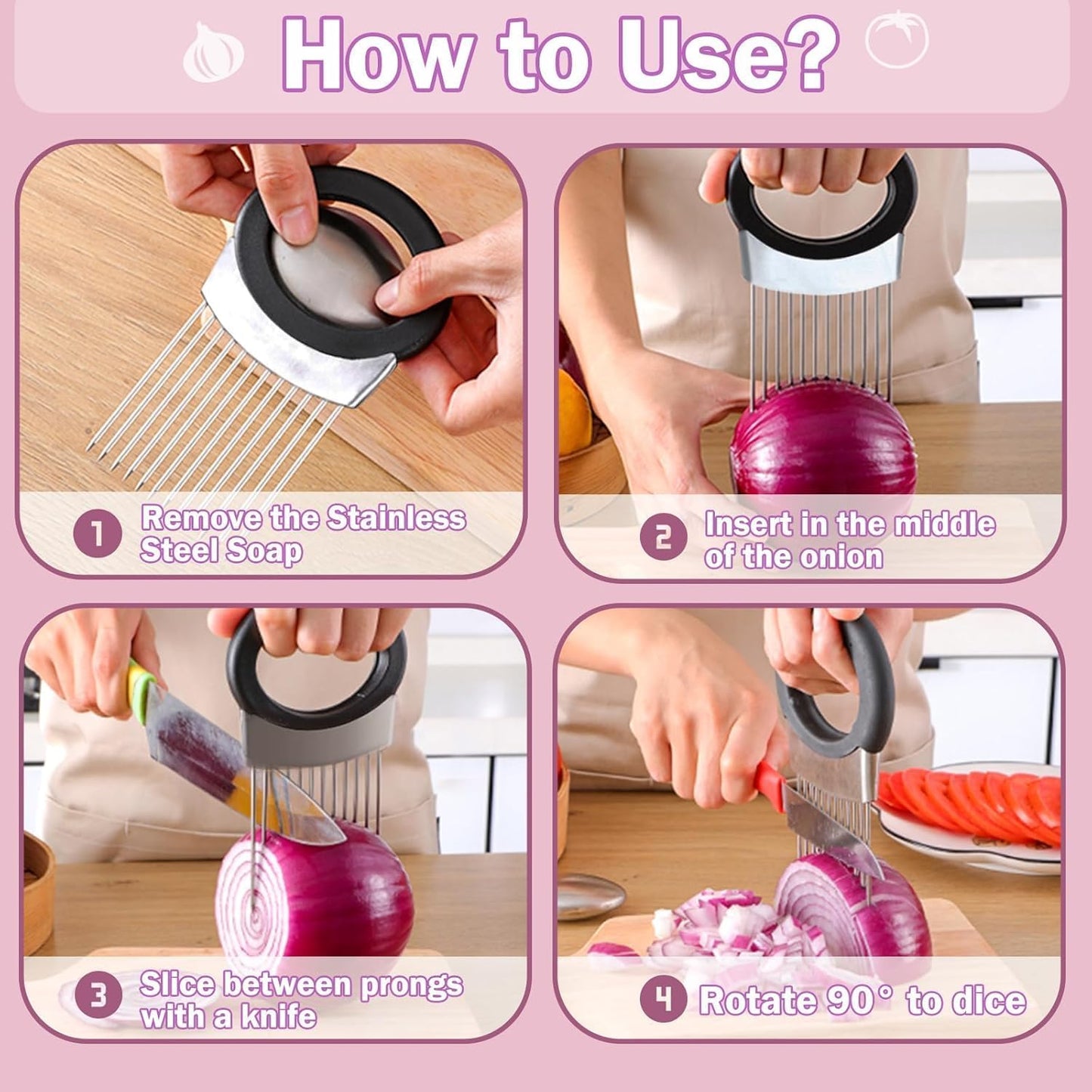 Onion Holder & Lemon Slicer Cutter Tool – Stainless Steel Vegetable & Fruit Slicing Assistant for Easy, Safe Cutting (Silver)