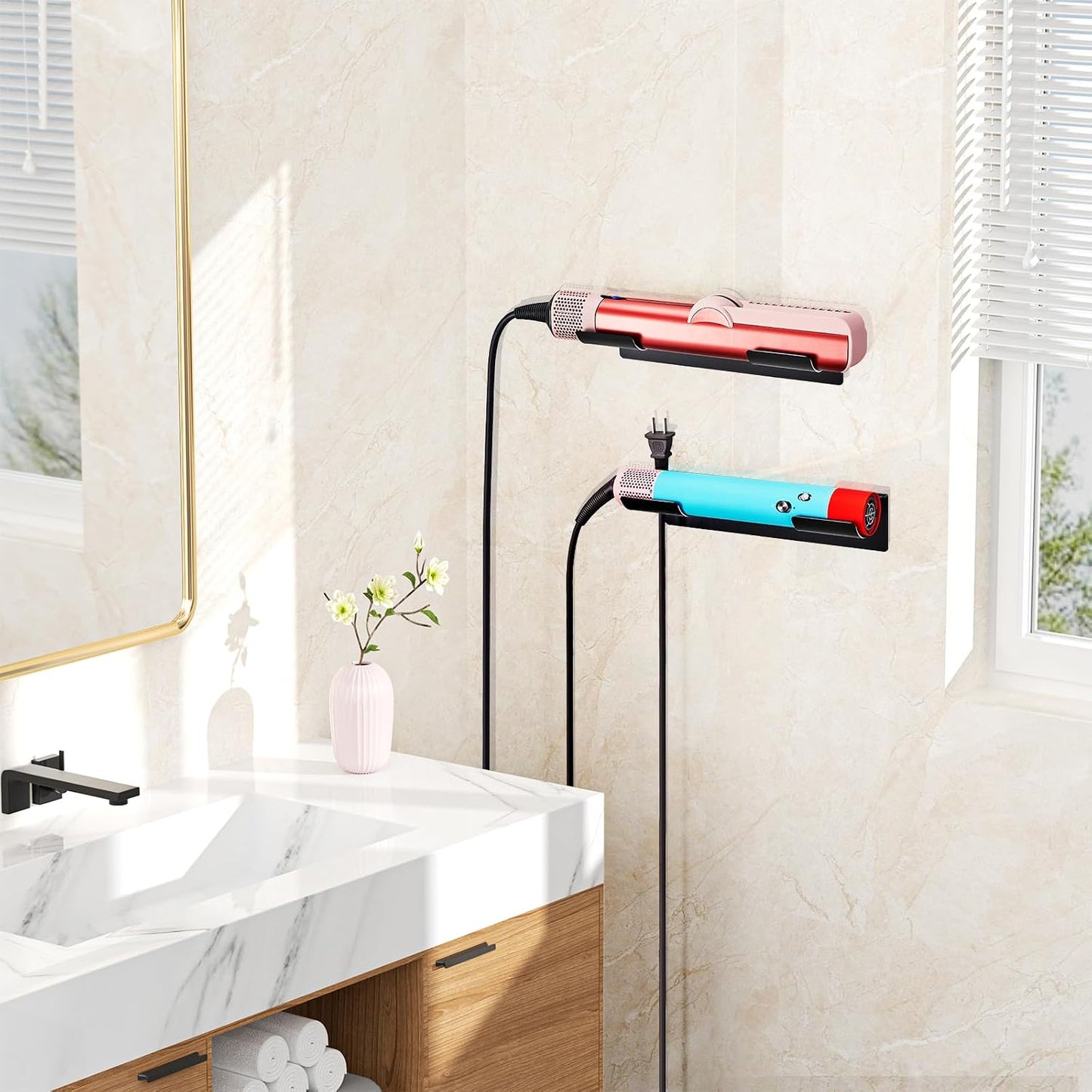 2 PCS Wall Mount Curling Iron Holder and Hair Tool Organizer with Adhesive, Multifunctional Hot Flat Iron and Hair Straightener Holder Storage Stand for Vanity, Cabinet and Wall, White