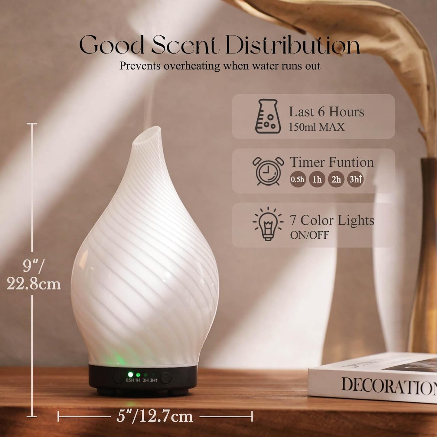 Porseme Oil Diffuser 3D Glass Aromatherapy Ultrasonic Humidifier, Air Refresh Auto Shut-Off, Timer Setting, BPA Free for Home Hotel Yoga Leisure SPA Gift 150ml Last 6H - Colors A