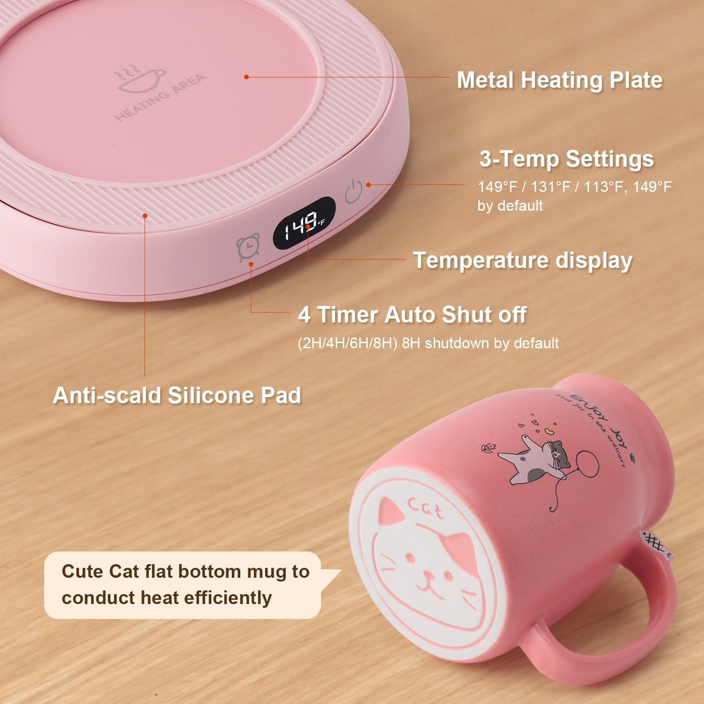 Cat Mug Coffee Mug Warmer Set for Desk Electric Heated Tea Cup Candle Plate | Cute Cat Cup Warmer Set, Self Heating Tea Warmer for Office Home, 8Hrs Auto Shut Off 4 Temperature Setting, Christmas Gift