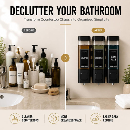 Shampoo and Conditioner Dispenser, Shower Soap Dispenser Wall Mounted, Shower Dispenser 3 Chamber No Drill for Bathroom Large Capacity (Silver)