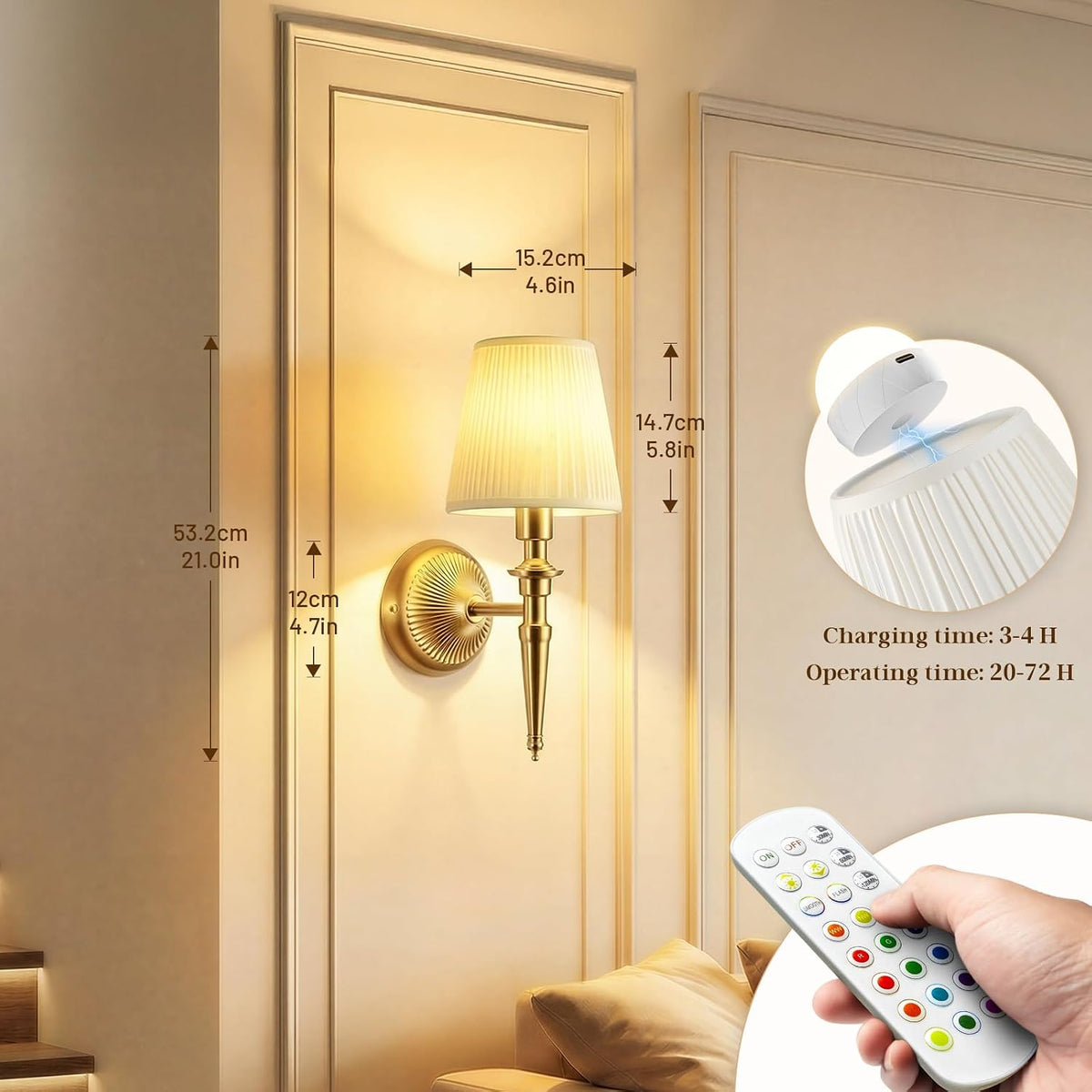 Battery Operated Wall Sconces Set of 2, Wireless Rechargeable Wall Lights with 12 RGB Colors and 3CCT Dimmable, Small Fabric LED Wall Lamps for Bedroom, Living Room, Hallway, Gold