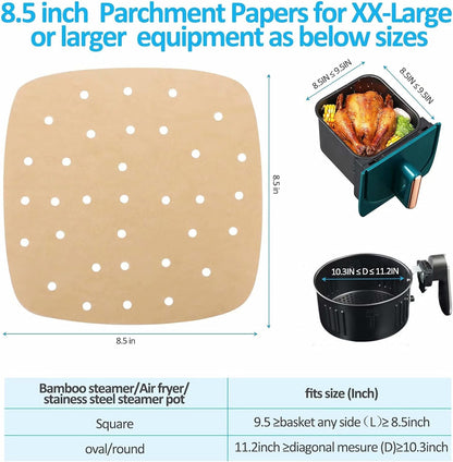 Air Fryer Parchment Paper Liners: 200PCS 8.5 inch Square Perforated parchment paper for Air Fryer, Premium Bamboo Steamer Liner for Air Fryers Baking Cooking Oven