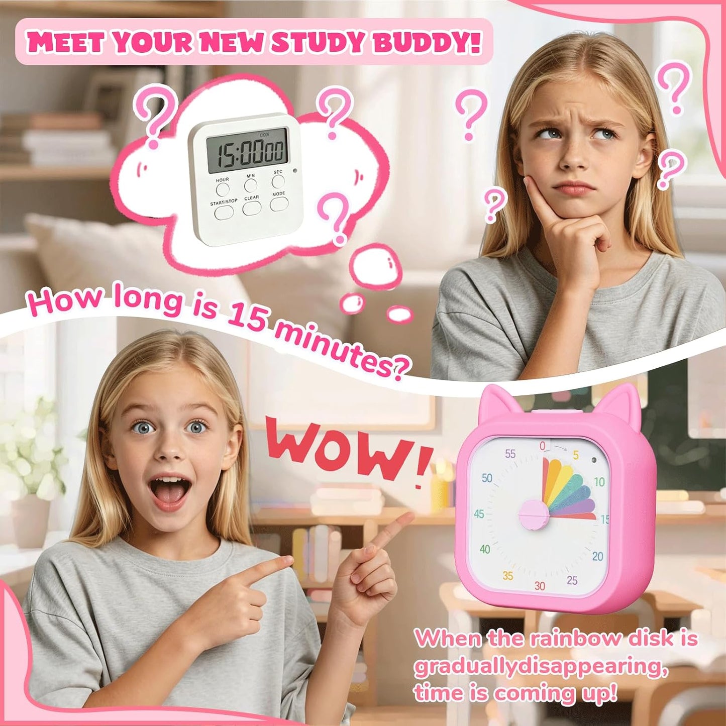 Owliwise Visual Timer for Kids, 60 Minute Countdown Timer with Silent Operation, Cute Pomodoro Rainbow Disk Time Management Tool for Classroom and Home Study, for Kids Desk, Office Desk and Meetings
