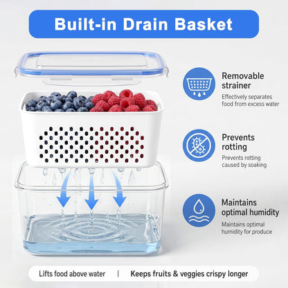 2 Pack Fruit Storage Containers for Fridge with Removable Colanders, Dishwasher & Microwave safe Produce Storage Containers with Lids Keep Fruits, Vegetables, Berry, Meat Fresh longer