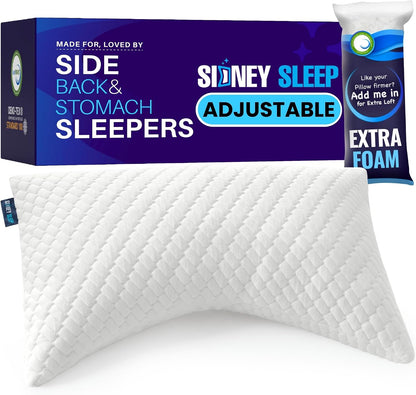 Sidney Sleep Adjustable Curved Pillows for Neck and Shoulder Support with Extra Shredded Fill - Cervical Contour Pillow for Side and Back Sleepers - Queen Size 19" x 29" CertiPUR-US Certified (White)