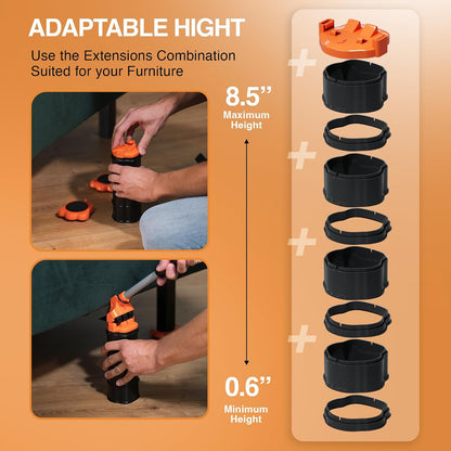 Heavy Duty Furniture Lifter & Moving Kit – Lift & Glide Couches, Beds, Appliances with Ease – 4 Roller Sliders (660 lbs Each), Adjustable Height Lifter, Carpet Adapters for All Floors
