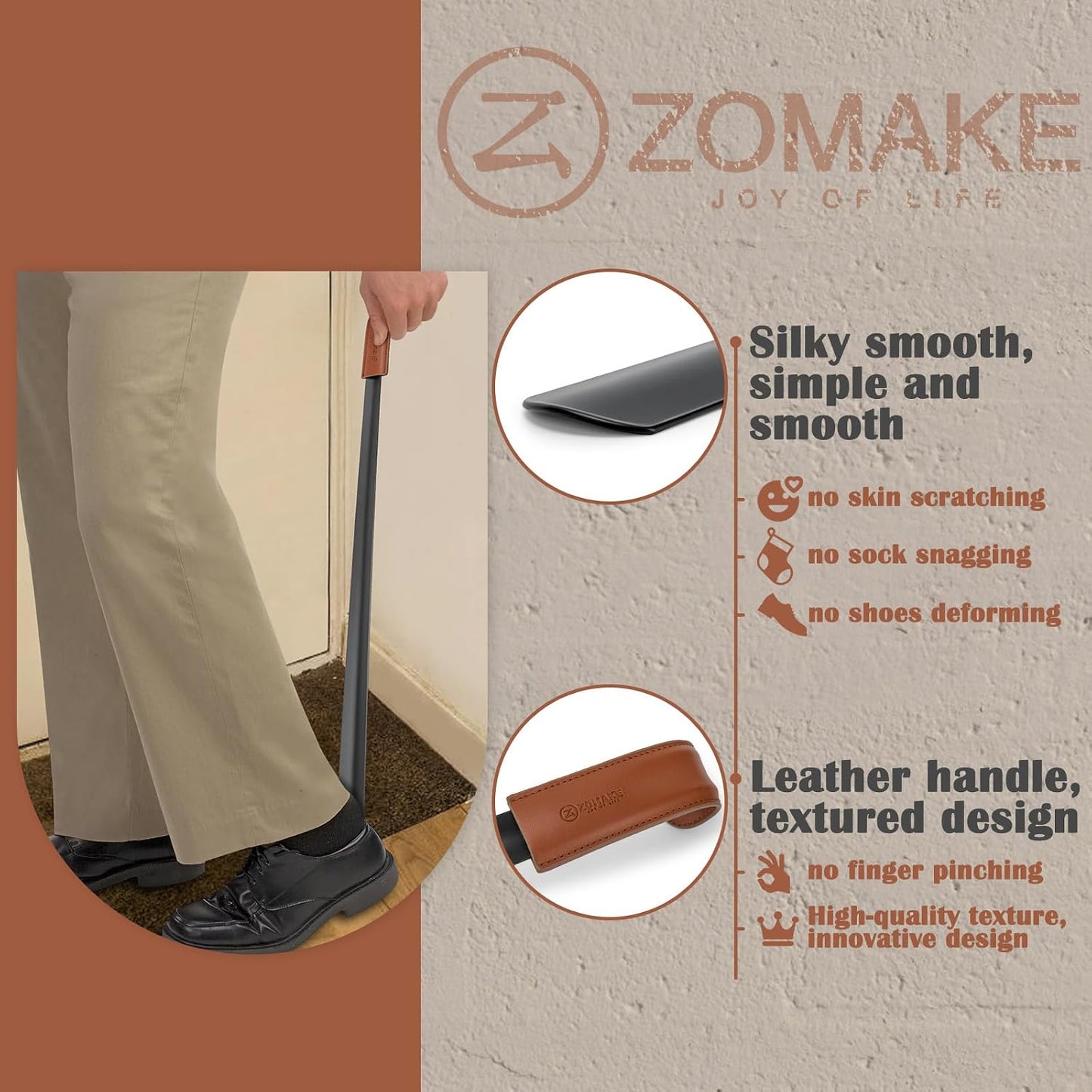 ZOMAKE Shoe Horn Long Handle for Seniors Men Women, Metal Shoehorn 2Pack | 16.5" Long Boot Horn, Travel Small Shoe Spoon Helper 7.5", Sturdy Stainless Steel, Anti-Slip Leather Grip, Shoe Protection