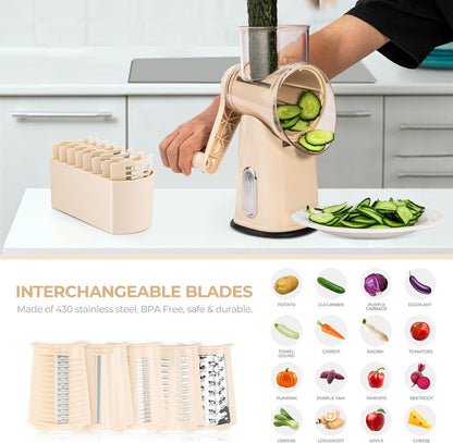 SUSTEAS Rotary Cheese Grater 5 Blades,Kitchen Mandoline Vegetable Slicer | White, Easy to Clean, Strong Suction Base, 5 Blades Storage Box, Round Mandoline Slicer & Food Chopper for Salad