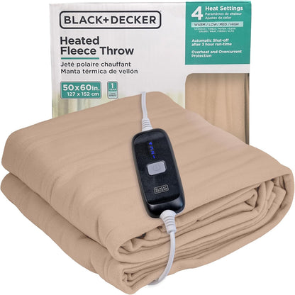 Black+Decker Heated Blanket Electric Throw, Fleece Electric Blanket, Heating Blanket with 4 Heating Levels, 3H Timer, Auto Shutoff, Fast Heating (50x60 inches, Grey)