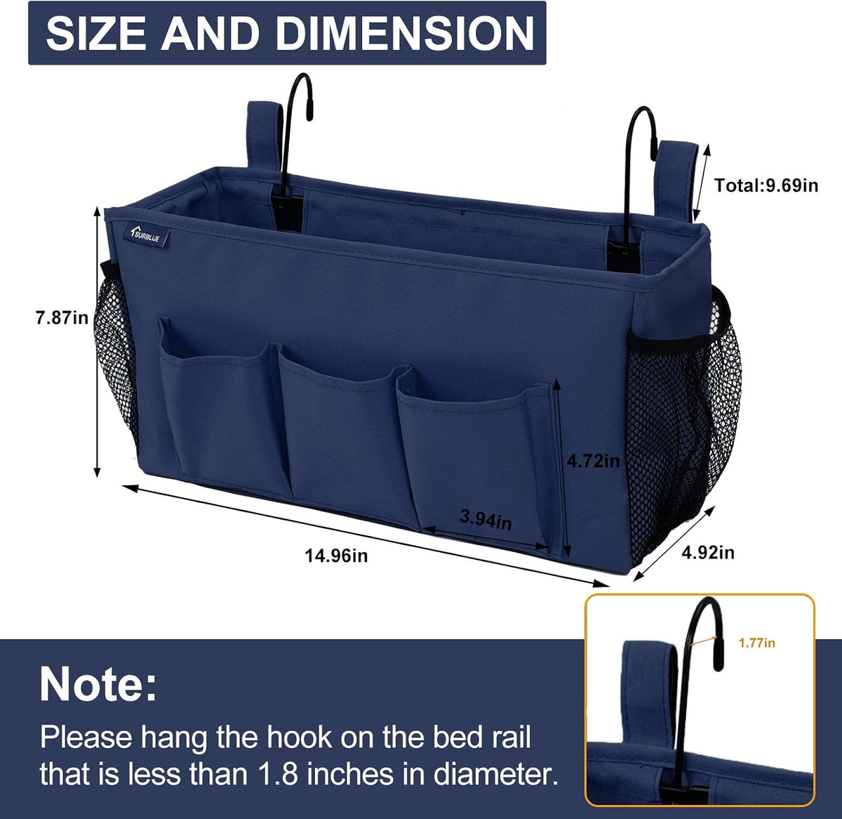 Surblue Bedside Organizer with Hook Bedside Caddy Hanging Storage Bag with Adjustable Straps and Water Bottle Holder for Home College Dorm Bunk Bed Accessories, Crib Bed Rails, Hospital Bed, Black
