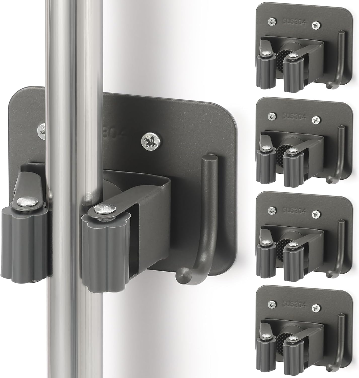 Stainless Steel Broom Holder, Heavy Duty, Rust Resistant, 4 Gripper Positions with 4 Hooks, Black | Drill-Mounted Gripper Rack Holds Brooms, Mops and Garden Tools Safely in the Laundry Room, Kitchen, Garage, Garden and Shed