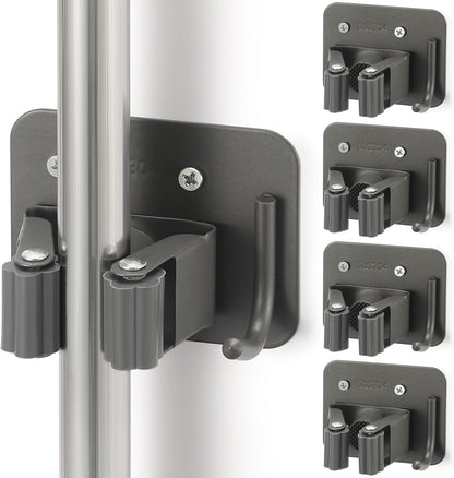 Stainless Steel Broom Holder, Heavy Duty, Rust Resistant, 4 Gripper Positions with 4 Hooks, Black | Drill-Mounted Gripper Rack Holds Brooms, Mops and Garden Tools Safely in the Laundry Room, Kitchen, Garage, Garden and Shed