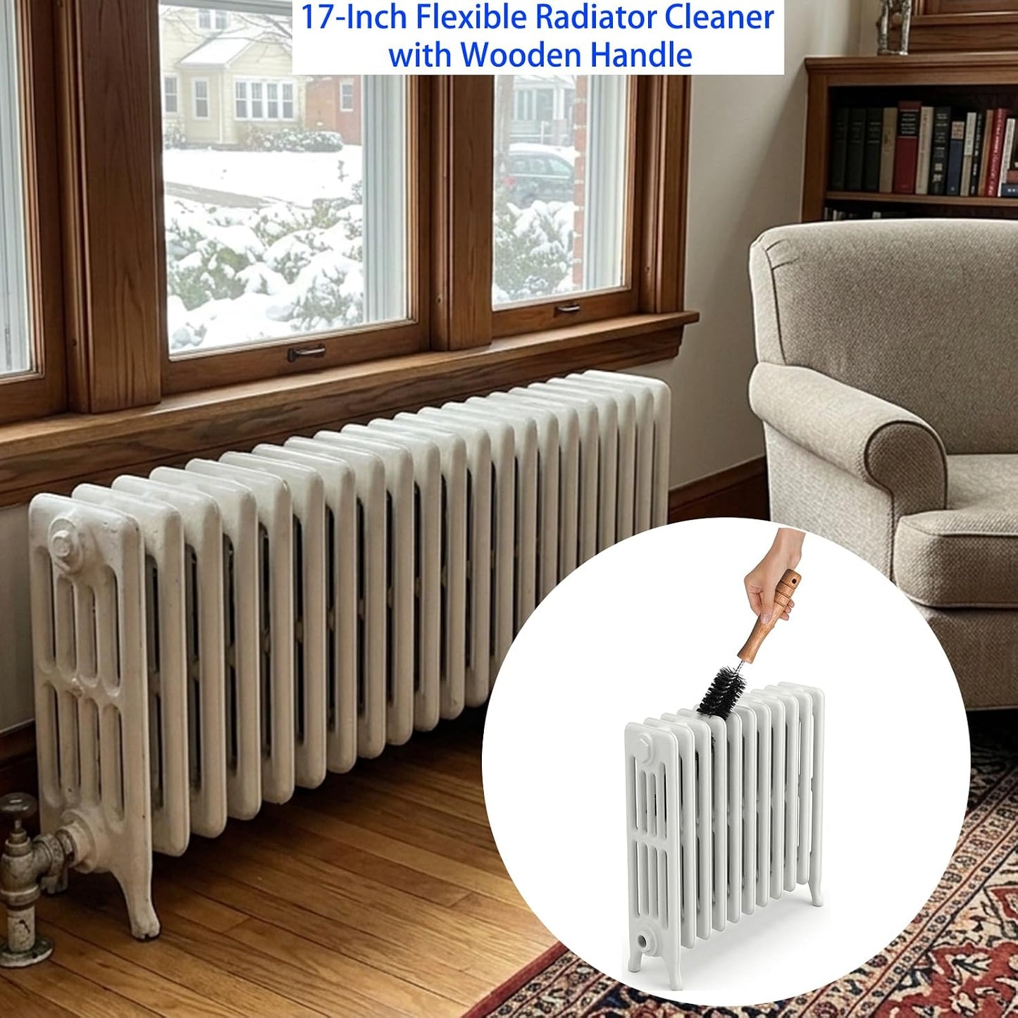 Radiator Brush, 17" Flexible Radiator Cleaner, Wooden Handle, 2-Pack | Multipurpose Dryer Lint Brush & Refrigerator Coil Cleaning Brush for Lint Trap, Pet Hair, Vent Cleaner, Narrow Gaps & Duster