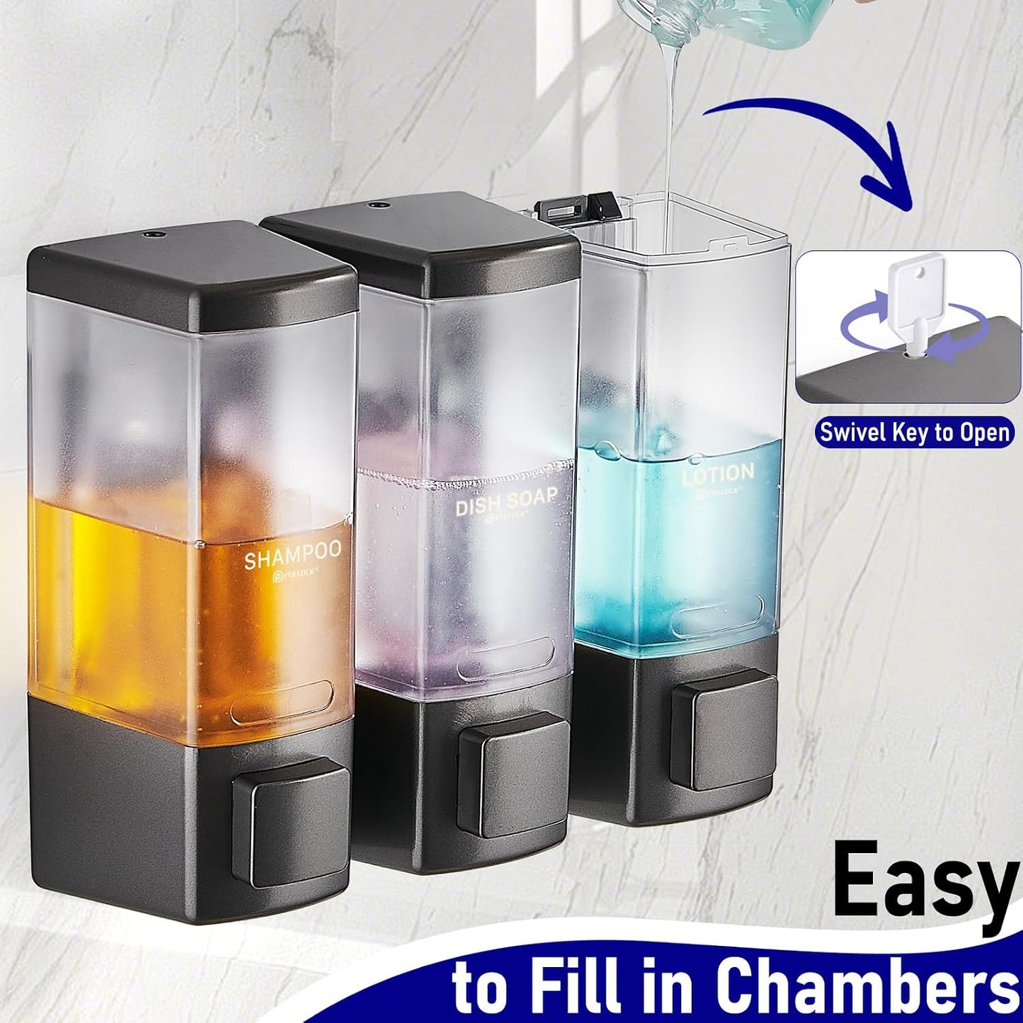 Pollock Shampoo and Conditioner Dispenser,Black 3 Chamber * 500ML | Shower Soap Dispenser Wall Mounted, Body Wash Dispenser No Drill,Refillable Shower Dispenser for Bathroom,Hotel,Public Place