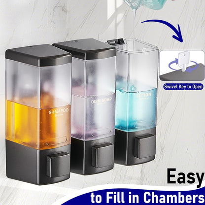 Pollock Shampoo and Conditioner Dispenser,Black 3 Chamber * 500ML | Shower Soap Dispenser Wall Mounted, Body Wash Dispenser No Drill,Refillable Shower Dispenser for Bathroom,Hotel,Public Place