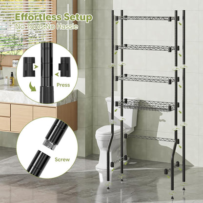 Simple Trending Over The Toilet Storage Cabinet, Metal Bathroom Shelf Organizer with Paper Holder and Hooks, 3 Tier, Black