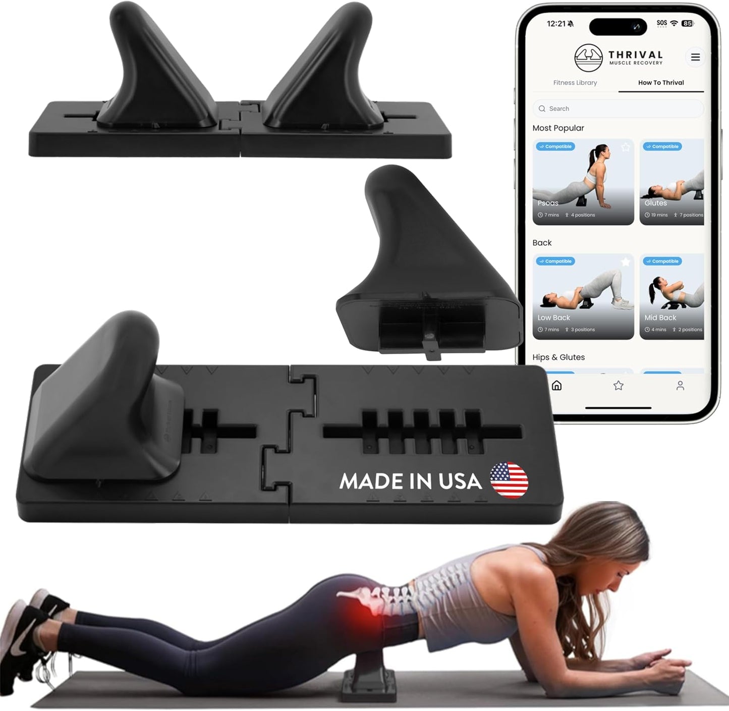 Arch Back Stretcher, Psoas Muscle Release Tool, Carbon Black | Fully Adjustable, Thrival App Compatible, Trigger Point Relief