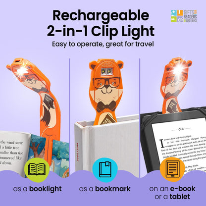 Gifts for Readers & Writers Rechargeable Book Light for Kids, Clip On Reading Light for Bed, 2in1 Flexilight Pals & Bookmark, 12 Hours of Light Once Charged, Includes USB Cable & 2 LED Lights, Dog