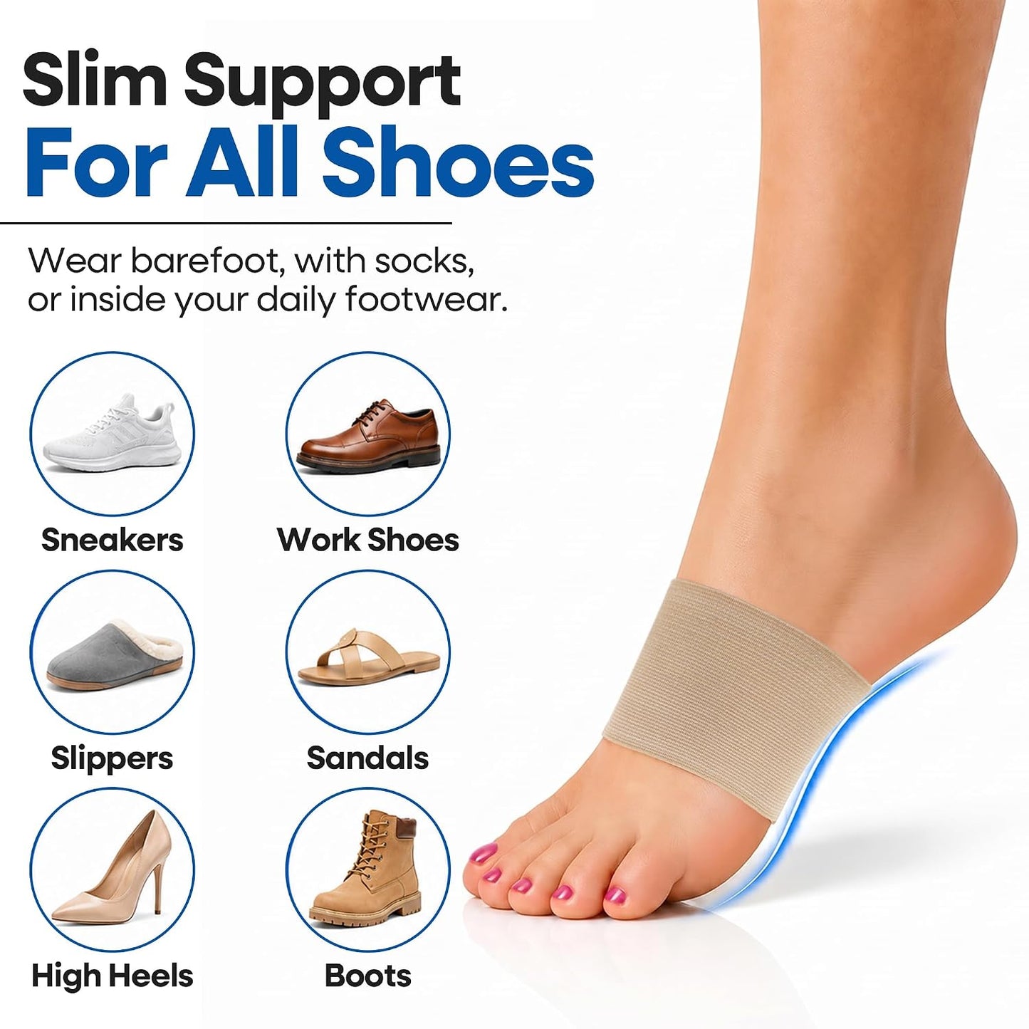 Arch Supports for Plantar Fasciitis Relief - Compression Sleeve & Foot Brace For Heel Pain, Bone Spurs, Flat Feet, High Arches - Copper Infused Arch Support Bands for Women & Men Over Socks - One Size - Beige - 3-PACK