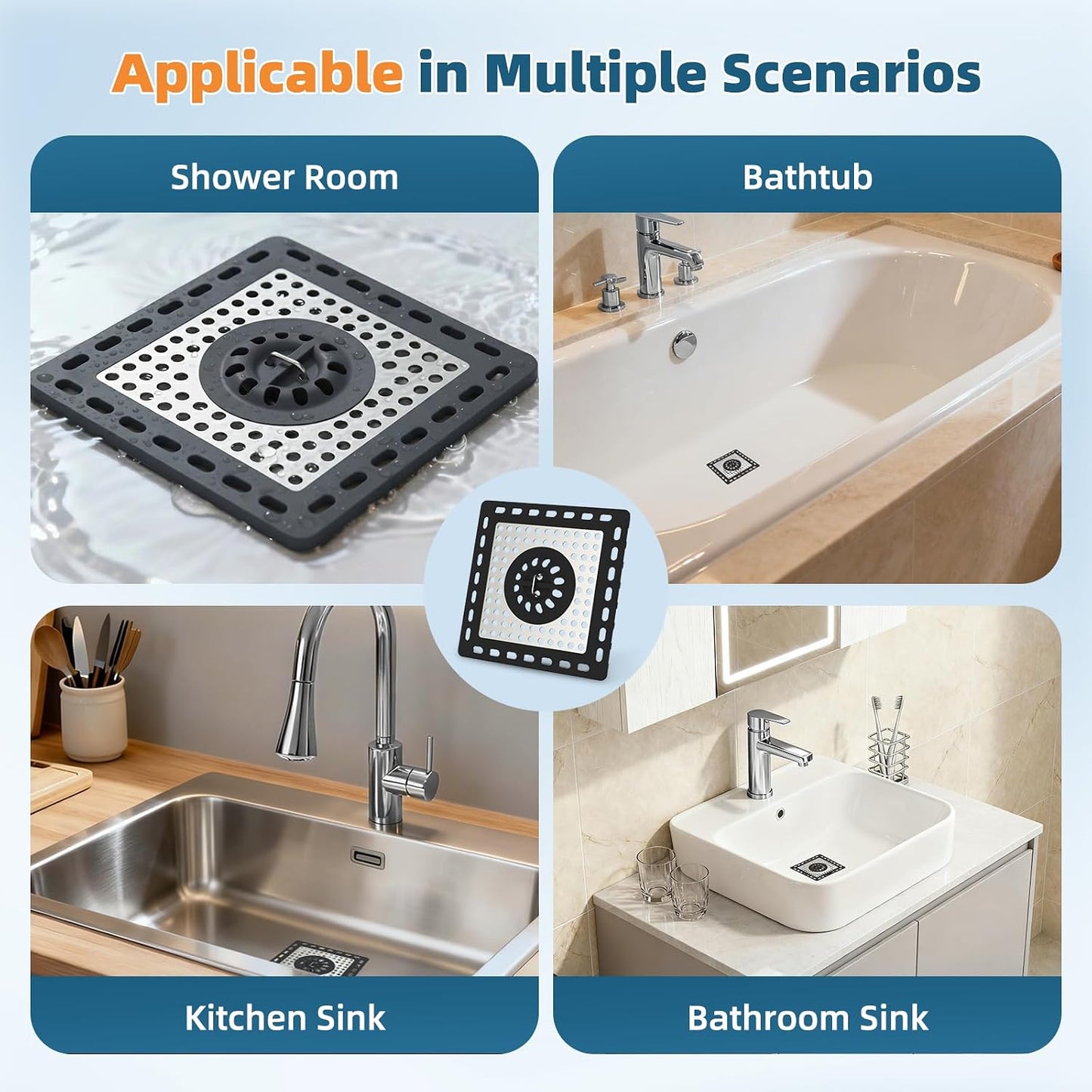 Hibbent Upgraded Shower Drain Hair Catcher for Bathroom Floor 4" Drain, Anti-Clogging Shower Drain Cover, Stainless Steel & Silicone Drain Strainer with Handle, Shower Drain Protector, Grey