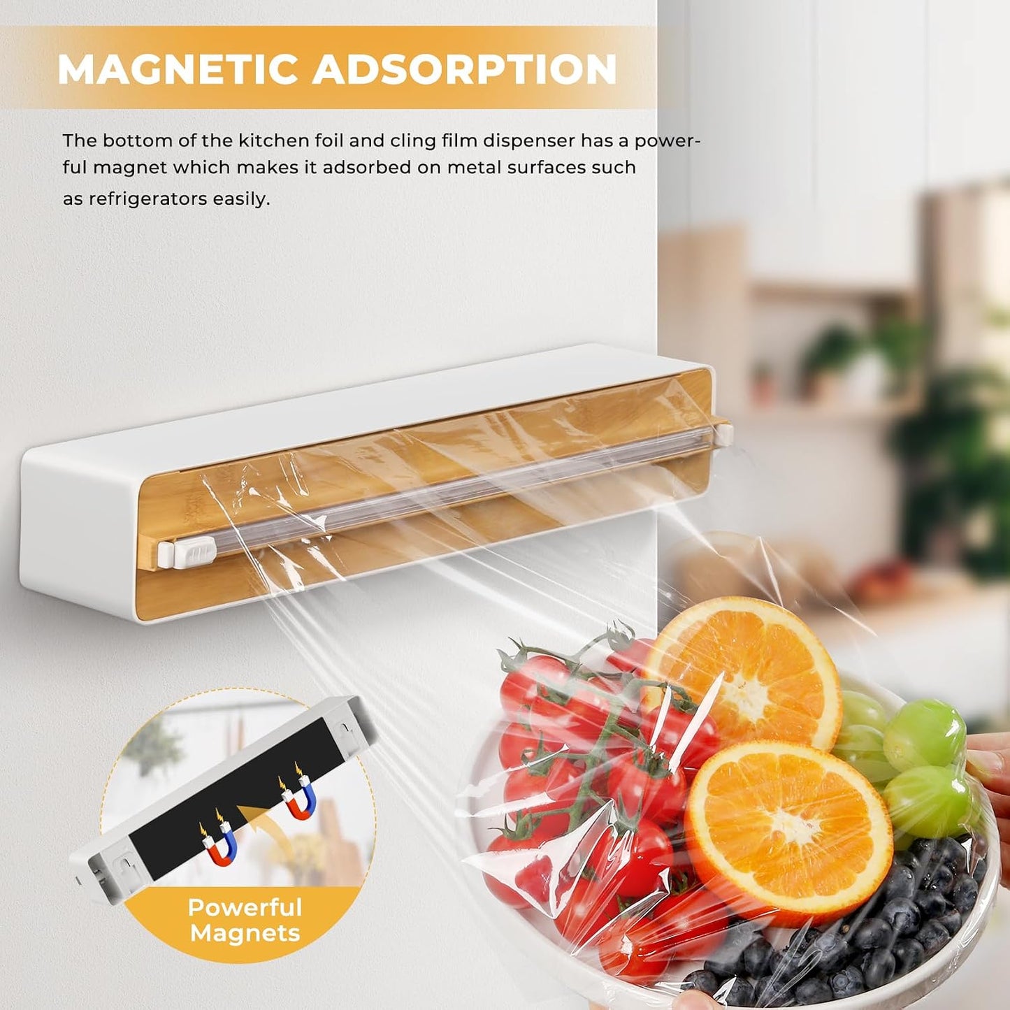 Magnetic Plastic Wrap Dispenser with Cutter - Practical Refillable Aluminum Tin Foil and Plastic Wrap Organizer for Drawer, Including an Extra Roll of 12"X 164' Food Cling Film - Black
