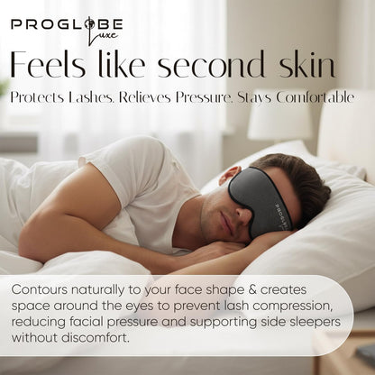 Proglobe Luxe Luxury Sleep Mask for Back & Side Sleepers, 100% Light Blocking 3D Eye Mask with Zero Pressure Eye Cups, Lash-Friendly, Soft Breathable Night Mask for Travel & Naps, Black
