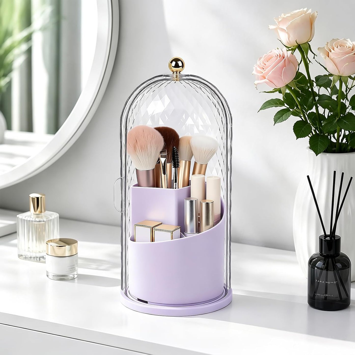 Toothbrush Holder with Cover for Bathroom Countertop, Organizer, White | Rotating 3 Slot Holder for Electric Toothbrushes, Toothpaste, Self Draining Vanity Organizer, Makeup Brush Storage