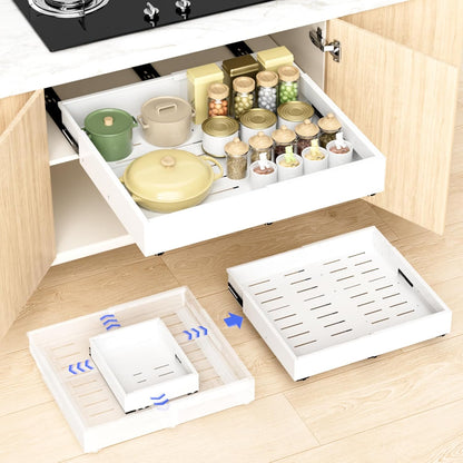 Dayacoco Pull Out Cabinet Organizer, Expandable Width (11.4"-19.4") and Depth (16.7"-21") With 3 Rails, Heavy Duty Slide out Drawers for Kitchen Base Cabinet Organization, No Drill, White