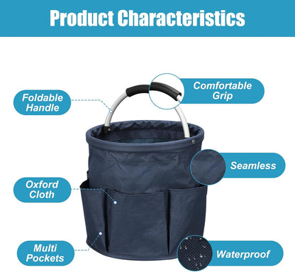 Qivine 17L Cleaning Caddy with Handle, Foldable Cleaning Supply Caddy(Blue) | Cleaning Caddy for Cleaning Supplies, Portable Cleaning Supplies Organizer with 6 Pockets, Cleaning Bucket for Kitchen Garden