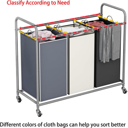 LINZINAR 3 Section Laundry Hamper, Black Laundry Basket 135L Laundry Sorter | Laundry Room Organization with Heavy Duty Rolling Lockable Wheels and Removable Bag, Bedroom Laundry Cart for Clothes Storage