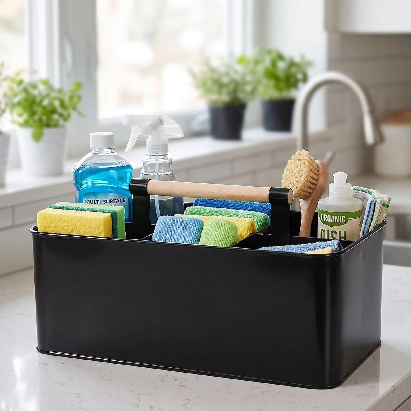 Cleaning Caddy with Handle, Black Metal Supply Organizer | Metal body, 12.8 in caddy, bathroom and under sink storage, wooden handle, divided layout, smooth rounded edges